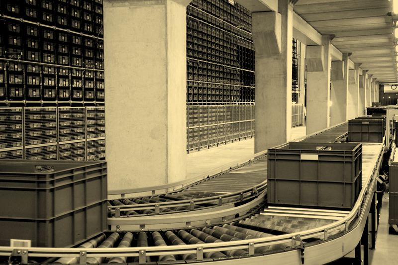 Grey plastic crates on a roller conveyor running between concrete pillars in a warehouse, no people